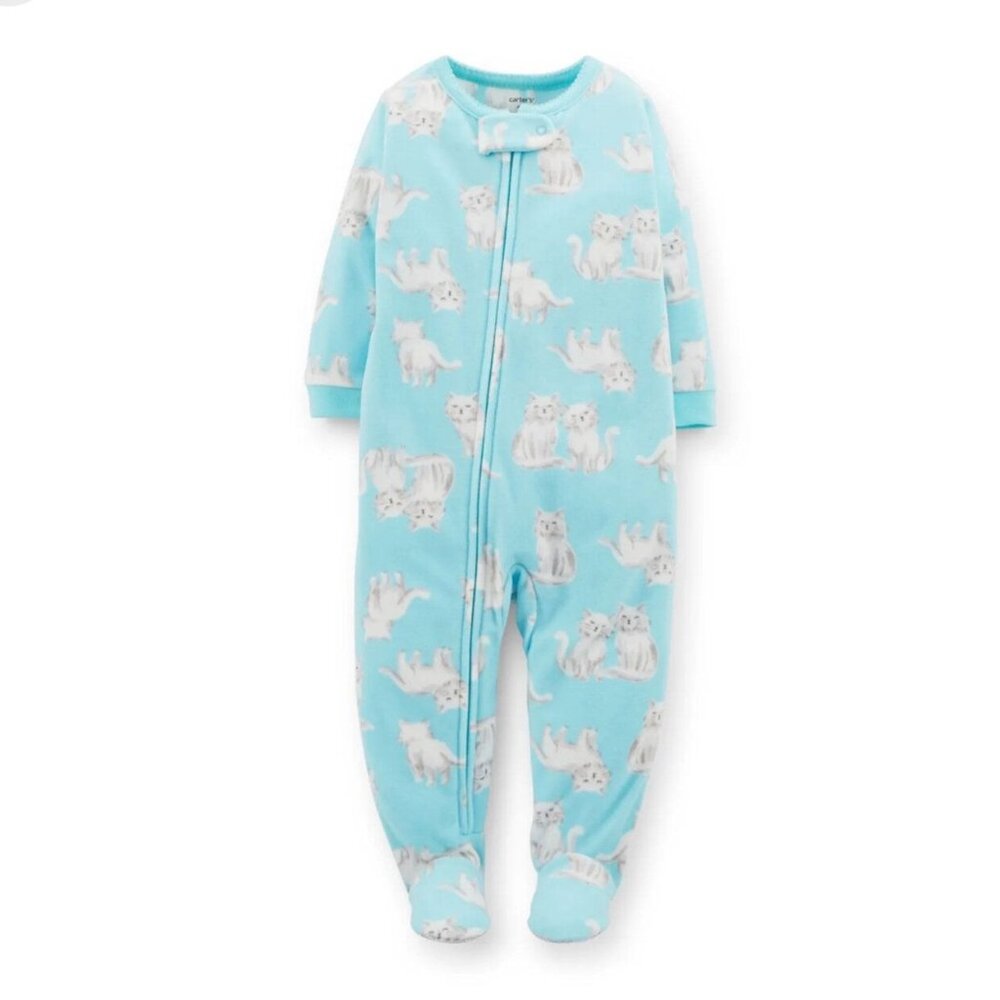 Carters Baby Girl Blue & White Fleece Cat Graphic Footie Size 3M
